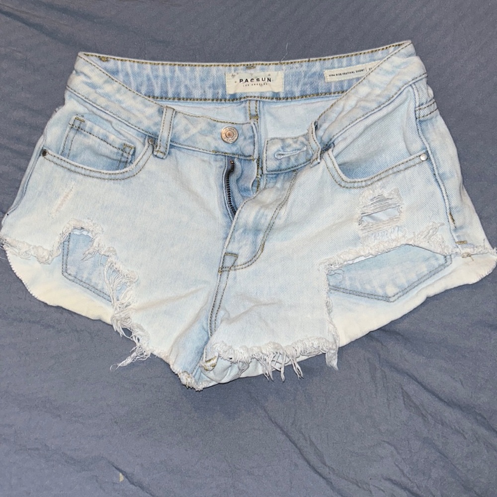 Women’s PacSun extremely distressed, light blue denim, Jean shorts size 23